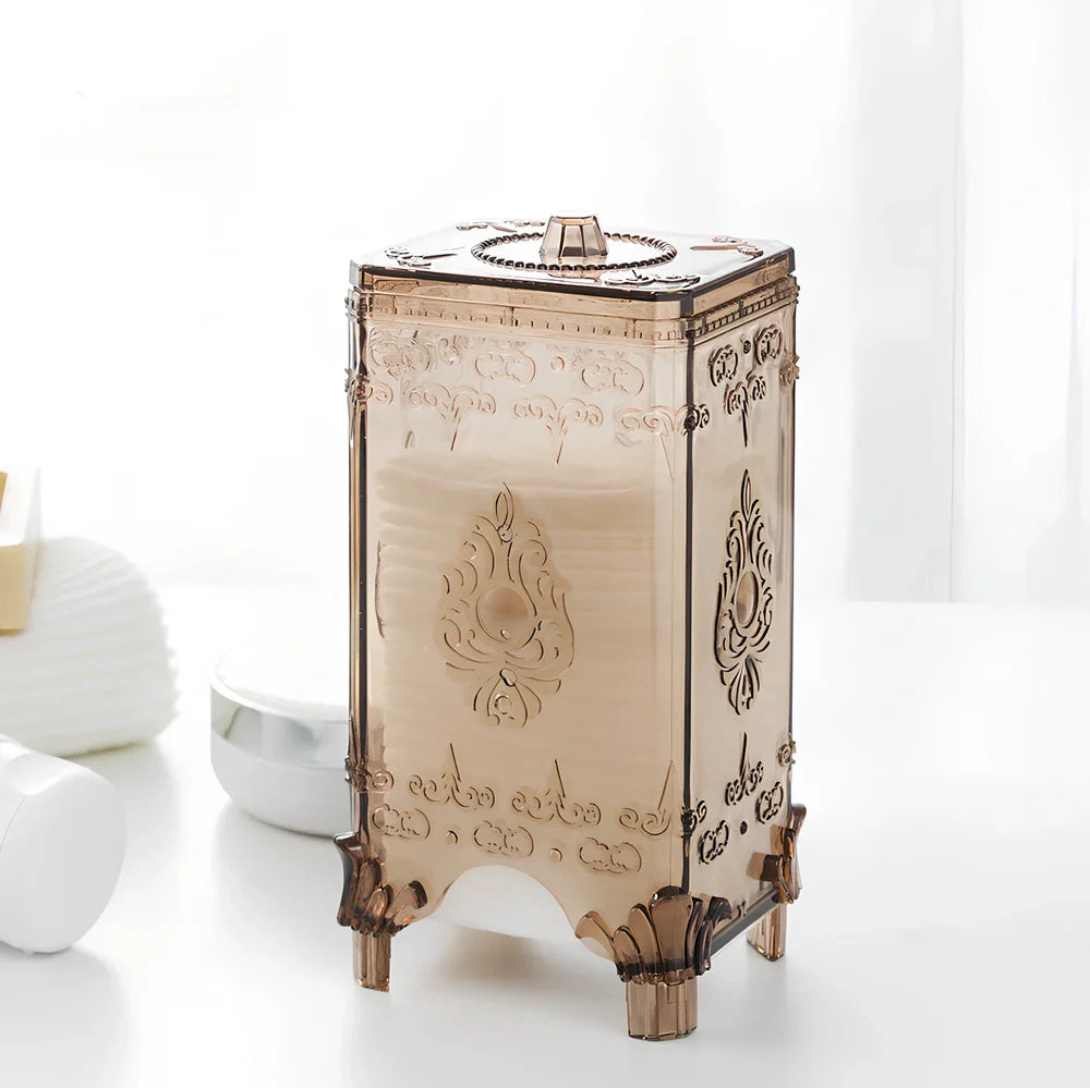 Pink cosmetics storage box with covered lid showing 45-litre capacity for makeup organisation