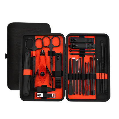Beauty manicure nail care kit with stainless steel tools in red PU leather case weighing 397g