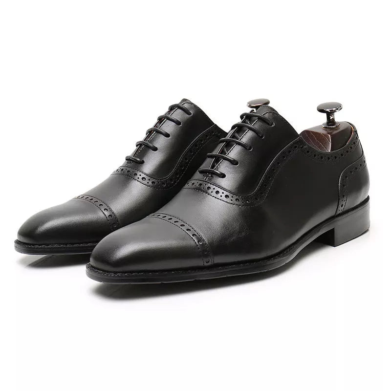 Men's black and dark brown brogue leather Oxford shoes with non-slip rubber soles