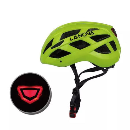 Unisex bicycle helmet with integrated safety light in matte black, fluorescent green, purple, and white