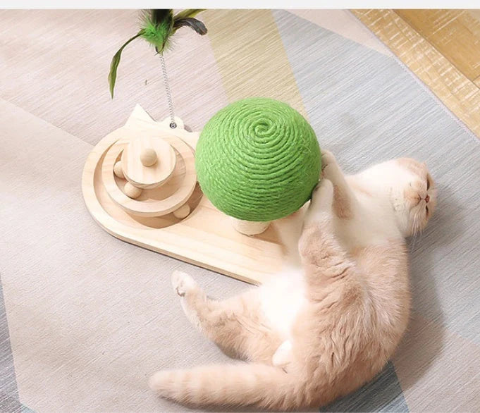 Solid wood cat scratching post with suspended sisal balls for interactive playtime and exercise