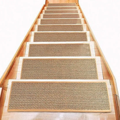 Japanese-style solid colour linen-like stair mat with rubber bottom on a wooden step.