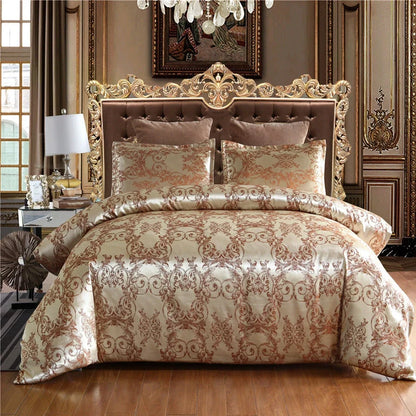 Polyester bedding set with Jacquard weave pattern in multiple colour options showing quilt cover and pillowcases