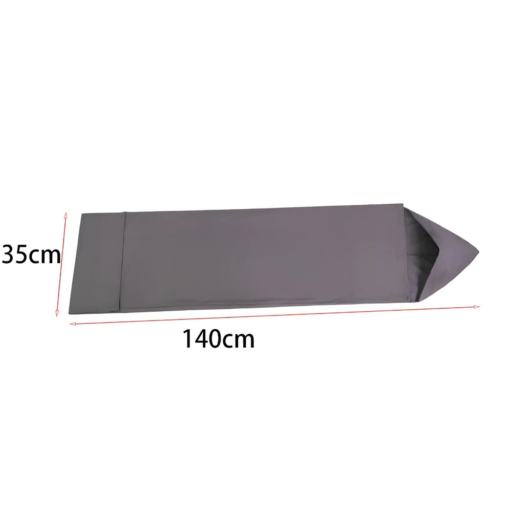 Sleep Pod Move grey wearable blanket with foot pocket showing four size options from 140x35cm to 185x50cm