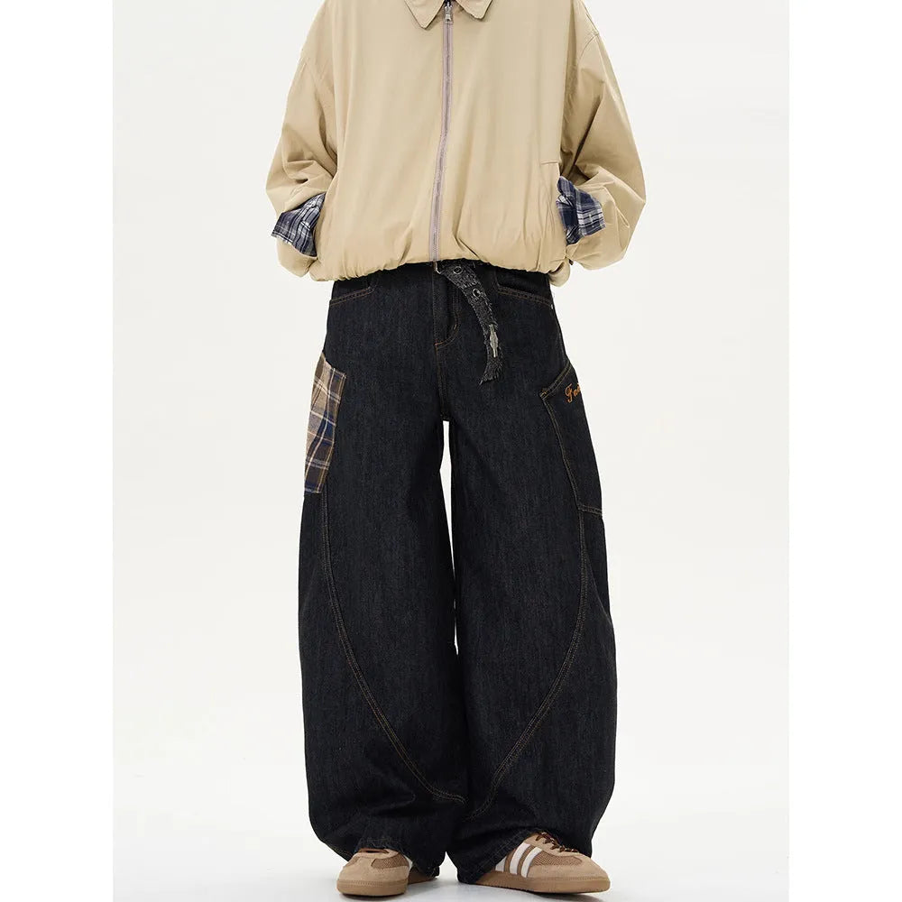 Loose straight-leg trousers in coffee plaid pattern with mid waist design