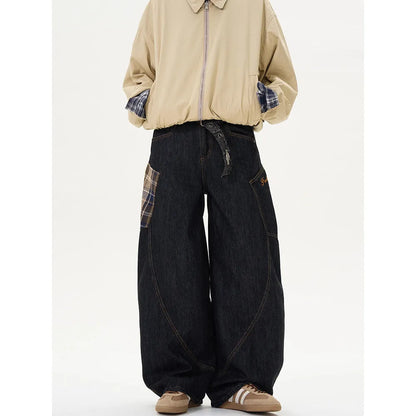 Loose straight-leg trousers in coffee plaid pattern with mid waist design