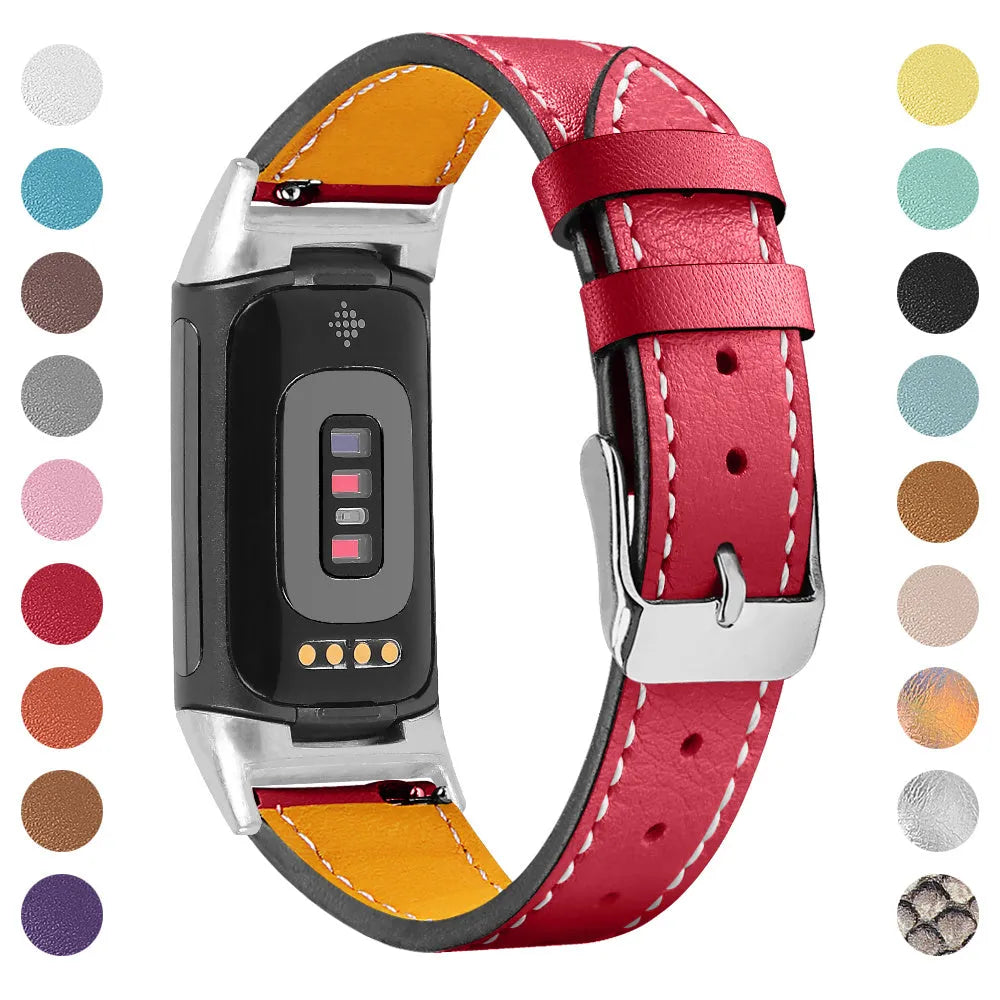 Genuine leather strap for Fitbit charge5 and charge6 in selected colour with adjustable buckle showing 5.5-8.1 inch length