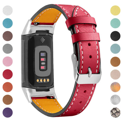 Genuine leather strap for Fitbit charge5 and charge6 in selected colour with adjustable buckle showing 5.5-8.1 inch length