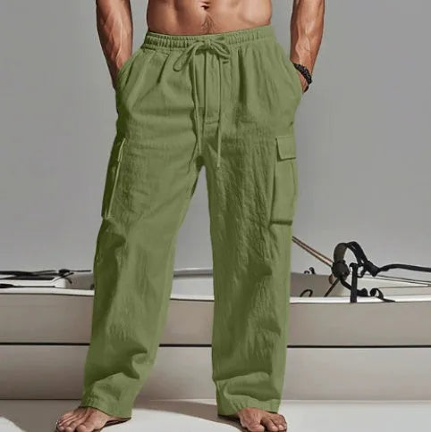 Men's thin cotton wide-leg casual trousers in light army green colour, showing loose fit and mid-waist design