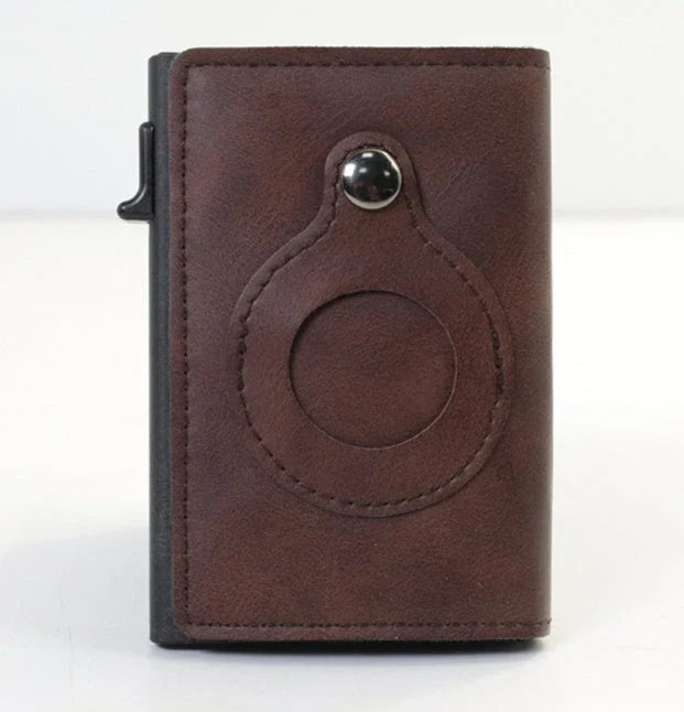 Slim leather wallet with built-in AirTag holder, featuring RFID-blocking technology and convenient card access