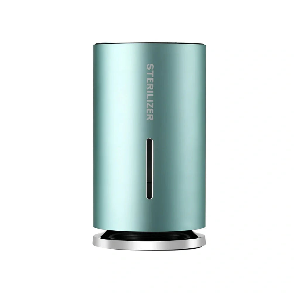 Compact aluminium humidifier with UV light, 65x65x115mm, black/green/purple colours, water tank visible