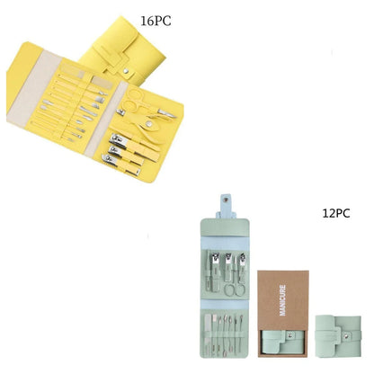 Premium 16-piece manicure set with sleek leather case, including nail clippers, scissors, tweezers, and other grooming tools