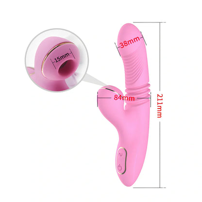Purple automatic telescopic sucking vibrator measuring 211mm long with 38mm diameter, showing controls for 7 vibration and suction levels