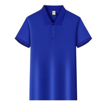 Man's short sleeve Ice Silk lapel business shirt shown in multiple colours including black, navy, and light blue.