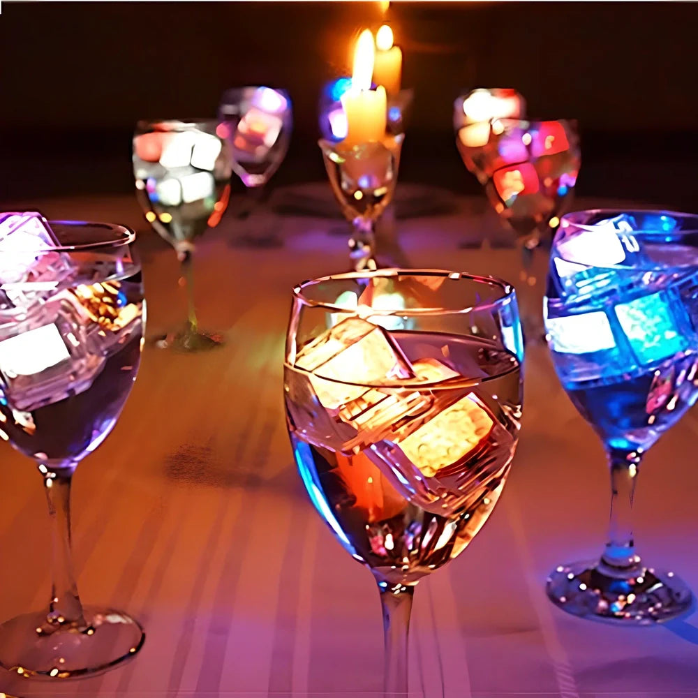 Square LED light ice cube illuminating drink with blue light, showing 2.5cm dimensions