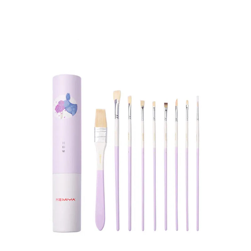 Acrylic gouache painting kit with fan-shaped brushes, a wide bristle brush, and nylon paint tube.