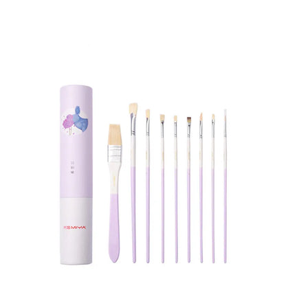 Acrylic gouache painting kit with fan-shaped brushes, a wide bristle brush, and nylon paint tube.