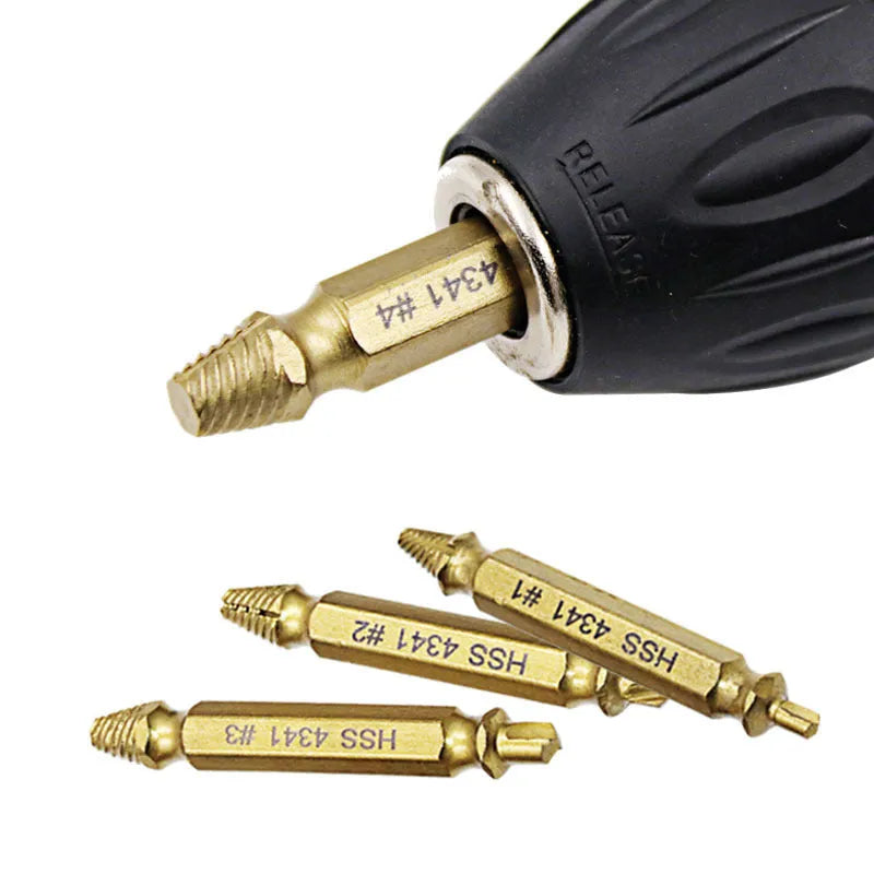 4341 high-speed steel screw extractor set with multiple sized tools on a workbench.