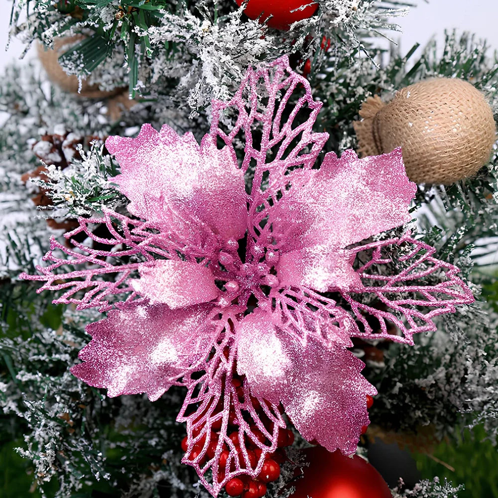 Glitter artificial Christmas flowers measuring 11cm with sparkling coating in various colour options