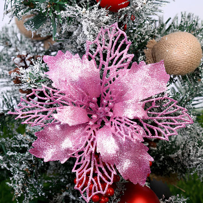 Glitter artificial Christmas flowers measuring 11cm with sparkling coating in various colour options