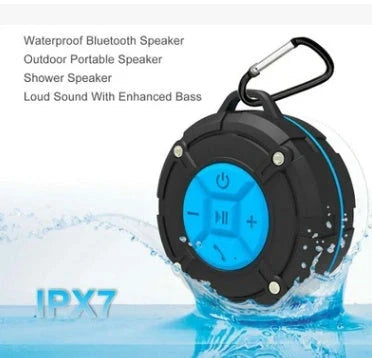 Waterproof Bluetooth speaker with buckle design, available in gray and blue colors, for outdoor adventures and activities