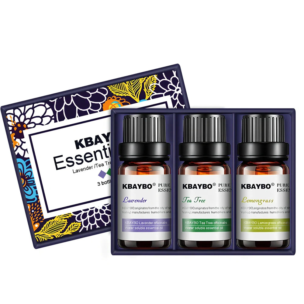 Three 10ml bottles of water-soluble aromatherapy fragrances in lavender, green tea, and lemon vanilla scents