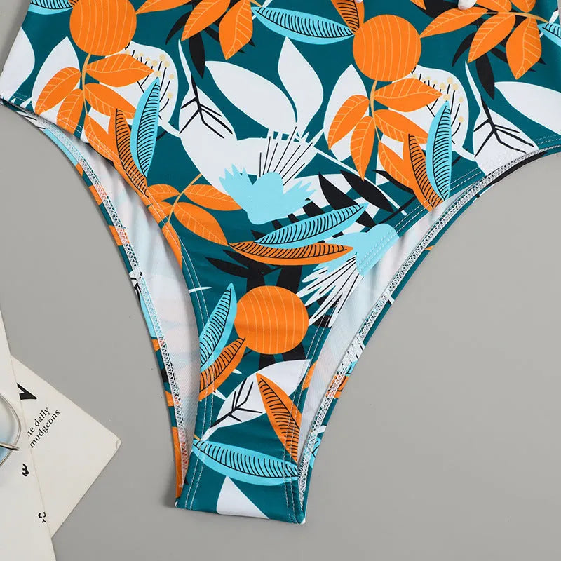 Women's high waist one-piece swimsuit in a printed pattern, showing front design.