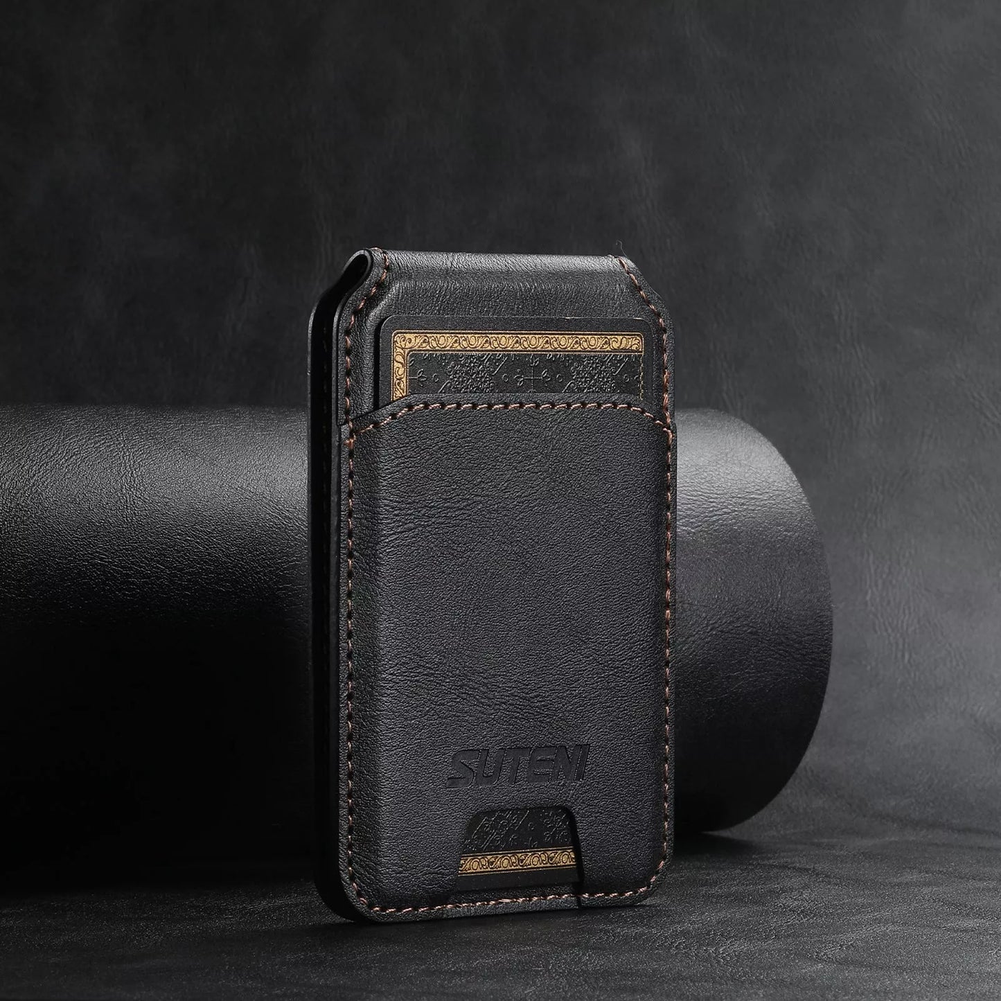 Android universal phone magnetic card holder with MagSafe ring in PU leather