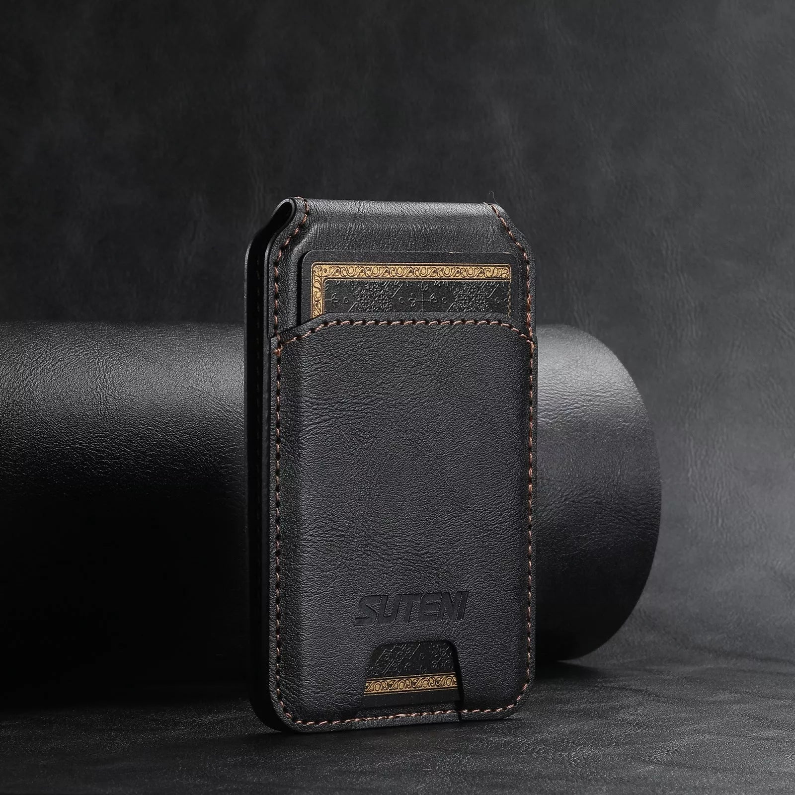 Android universal phone magnetic card holder with MagSafe ring in PU leather