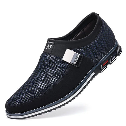 Men's grey and white synthetic leather casual shoes with square toe and flat rubber sole.
