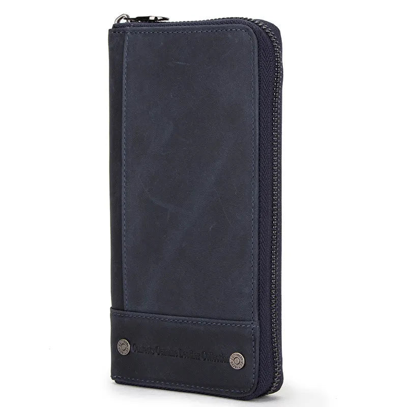 Men's brown genuine cowhide leather long wallet open to show card slots, RFID protection symbol, and zippered coin section.