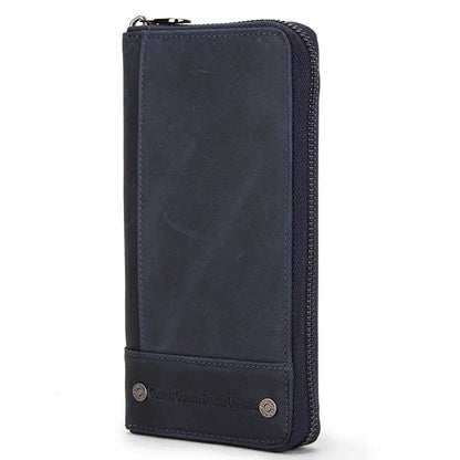 Men's brown genuine cowhide leather long wallet open to show card slots, RFID protection symbol, and zippered coin section.