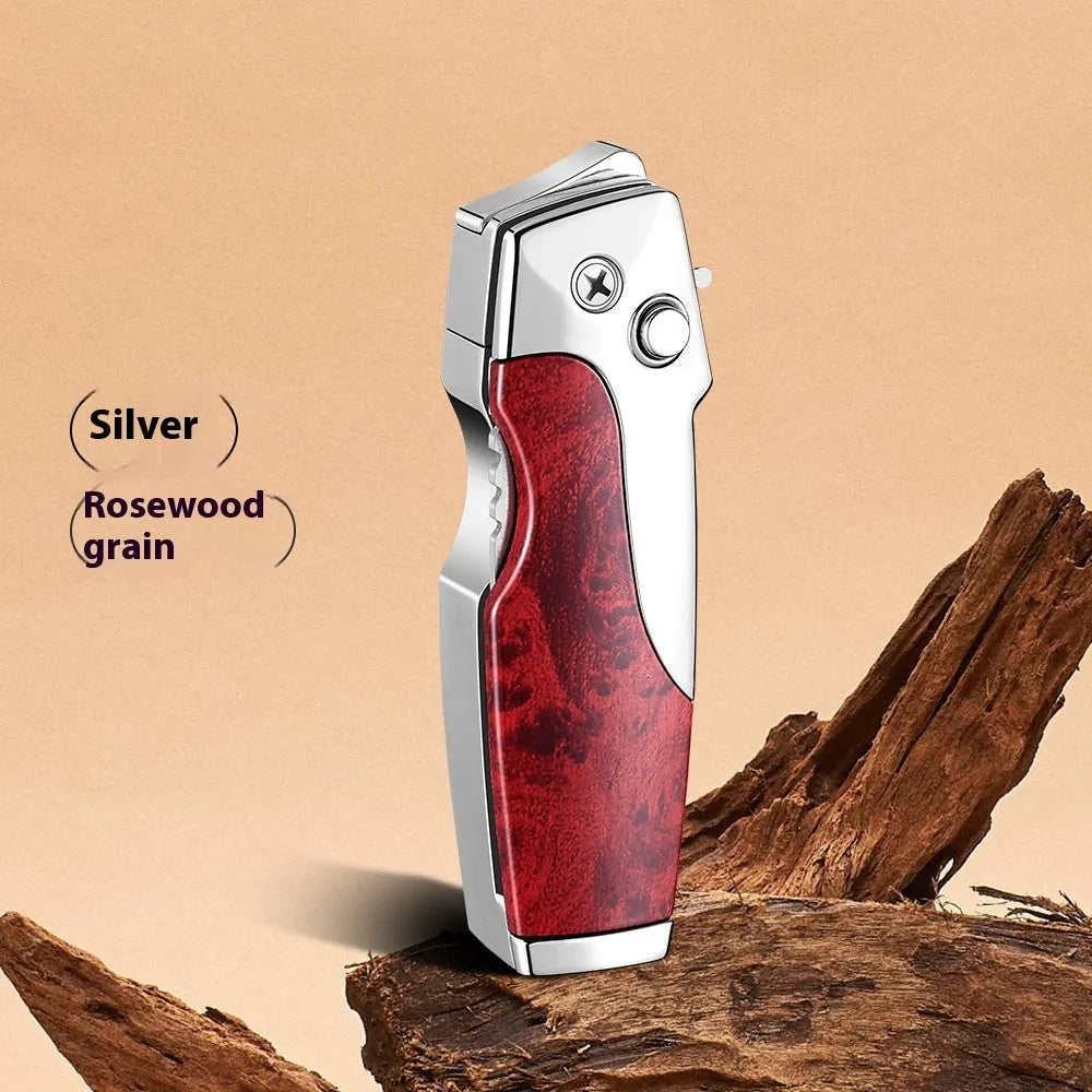 Metal folding lighter with integrated knife showing zinc alloy construction and safety lock mechanism