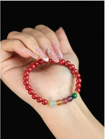 Handmade purple gold sand crystal bead bracelet on an adjustable string, shown in couple style.