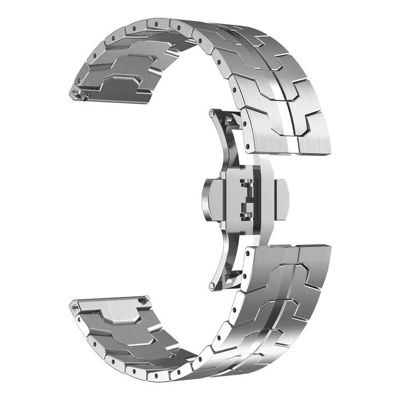 Stainless steel watch band for Samsung Galaxy Watch in multiple colour options on a grey background.