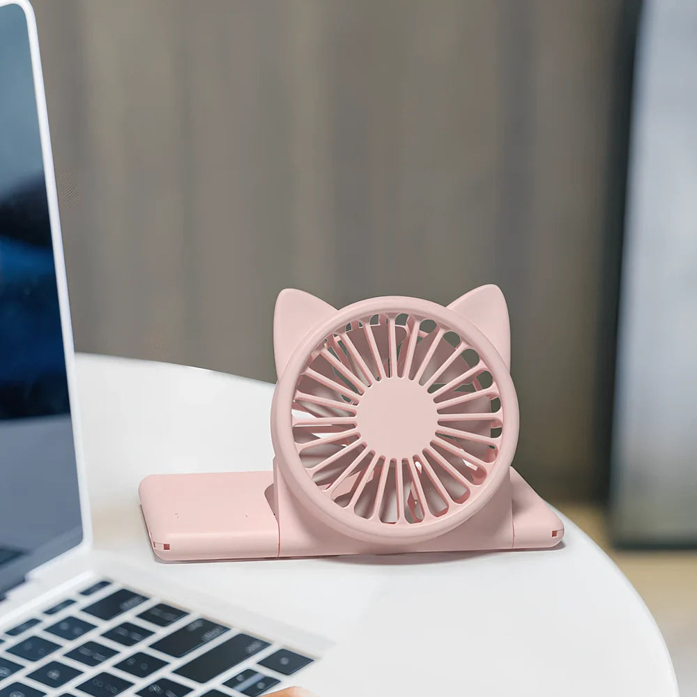 Green and pink neck fan with card design, 120x75x22.5mm dimensions, USB charging port