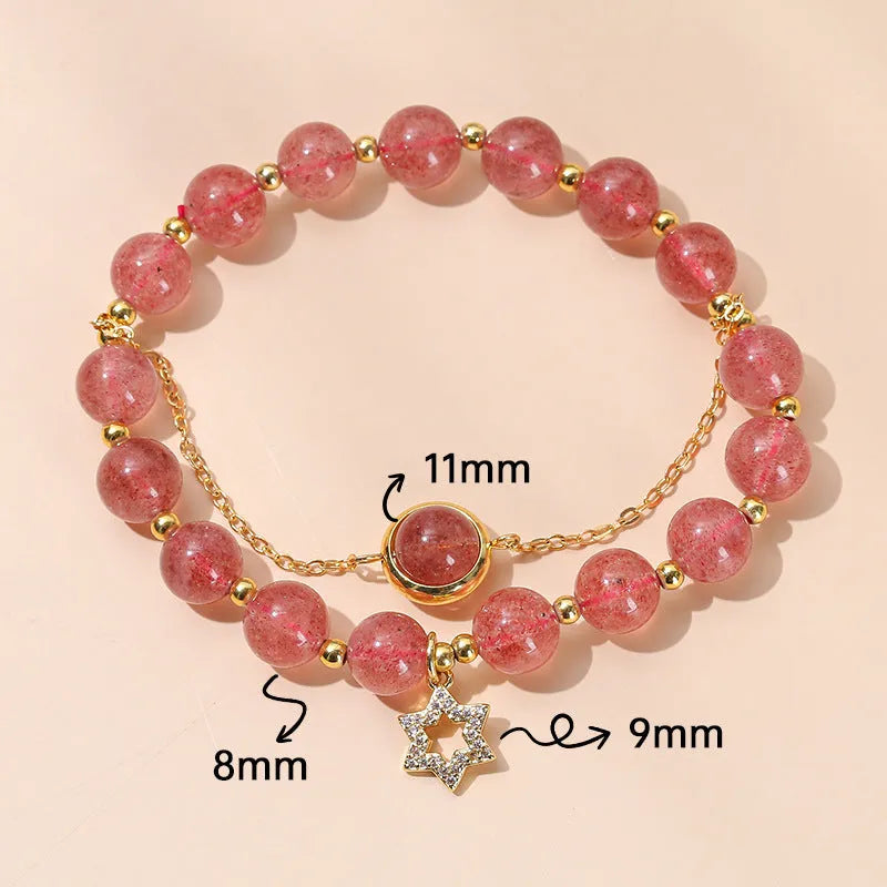 Close-up of a manually crafted crystal agate bracelet with shaped animal and fruit beads.
