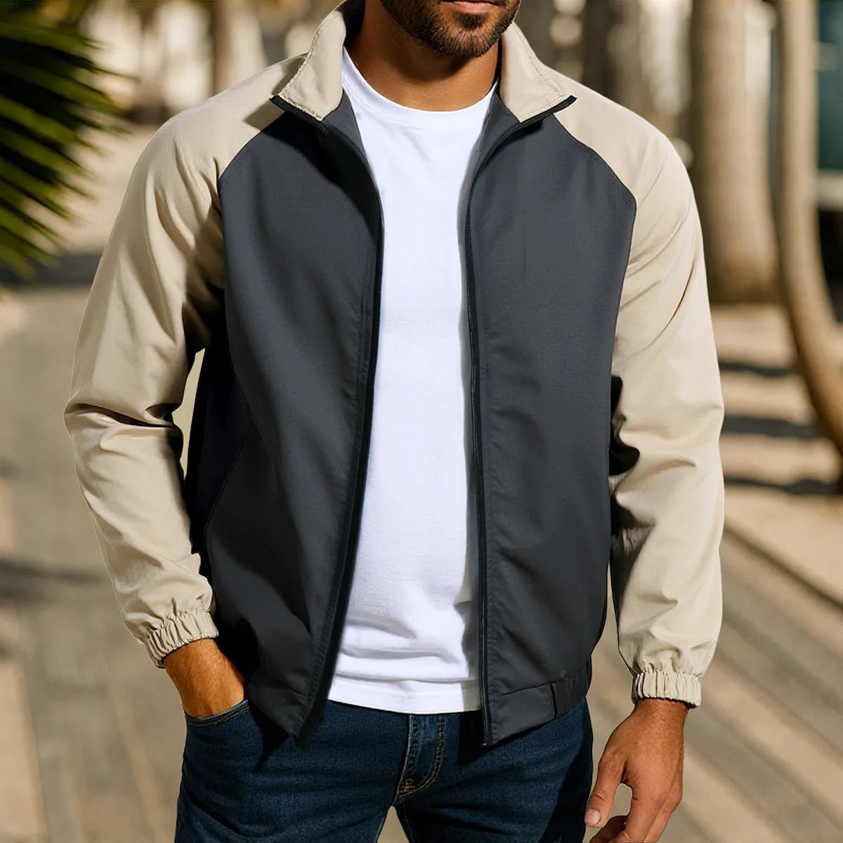 Men's red stand collar casual jacket with raglan sleeves on a hanger.