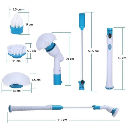 Blue rechargeable electric cleaning brush with retractable extension rod and three interchangeable brush heads