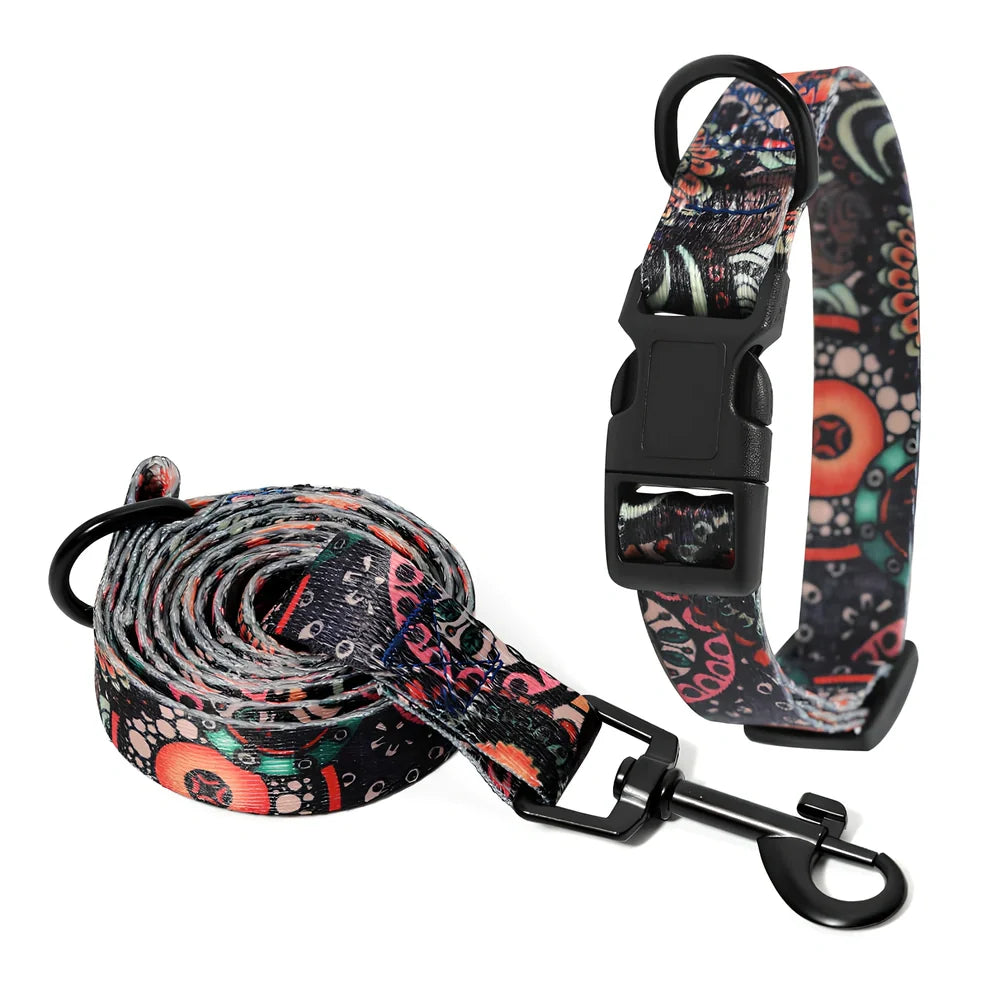 Adjustable dog collar and leash set with Bohemian pattern for dogs 3-27kg