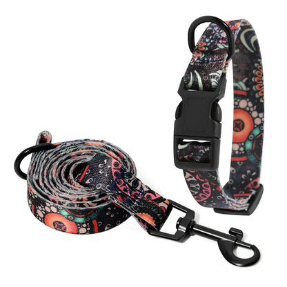 Adjustable dog collar and leash set with Bohemian pattern for dogs 3-27kg
