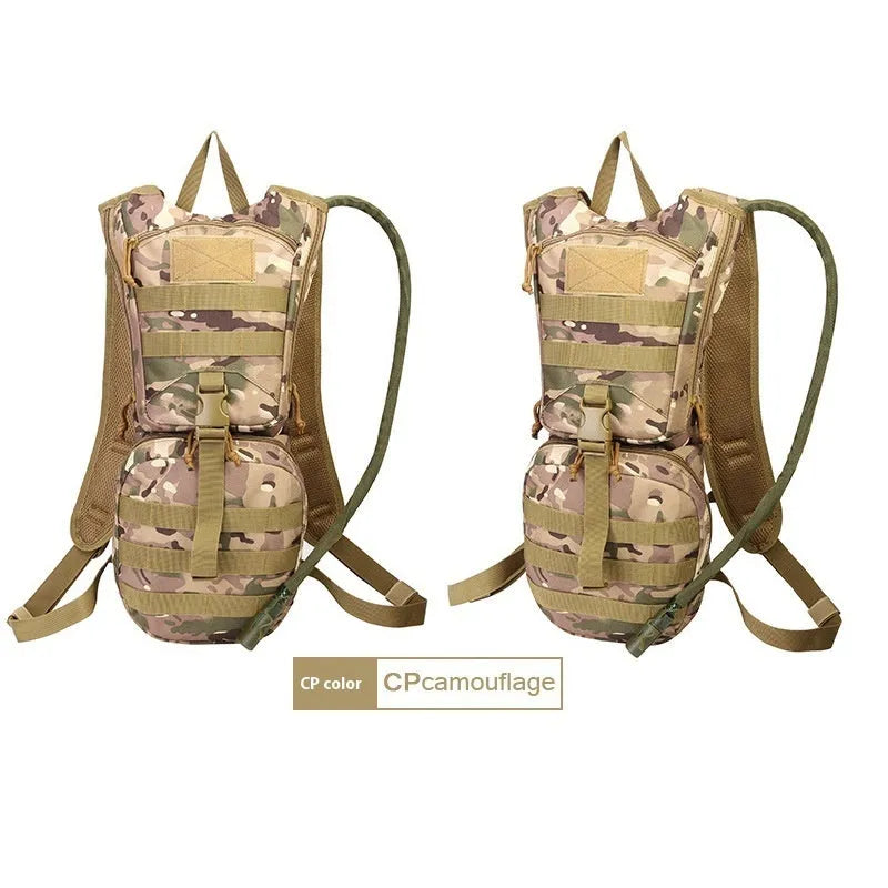Green camouflage cycling hydration backpack with large main compartment and ergonomic back panel.