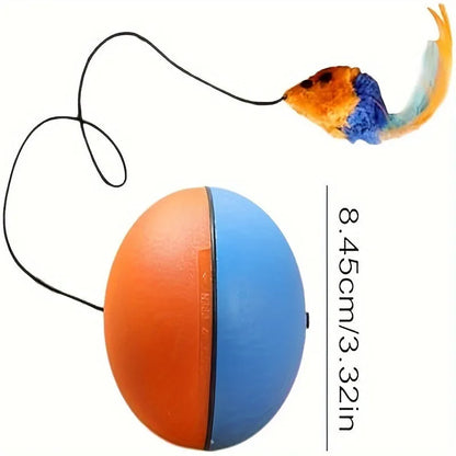 Interactive cat toy ball with blue and orange plush mouse measuring 8.5cm × 8.5cm × 9cm