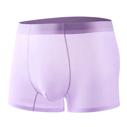 Men's ultra-thin ice silk boxer briefs in purple, shown flat to highlight seamless design.