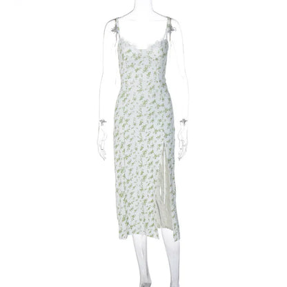 Women's lace print long dress with suspender straps and side slit in blue, green or red