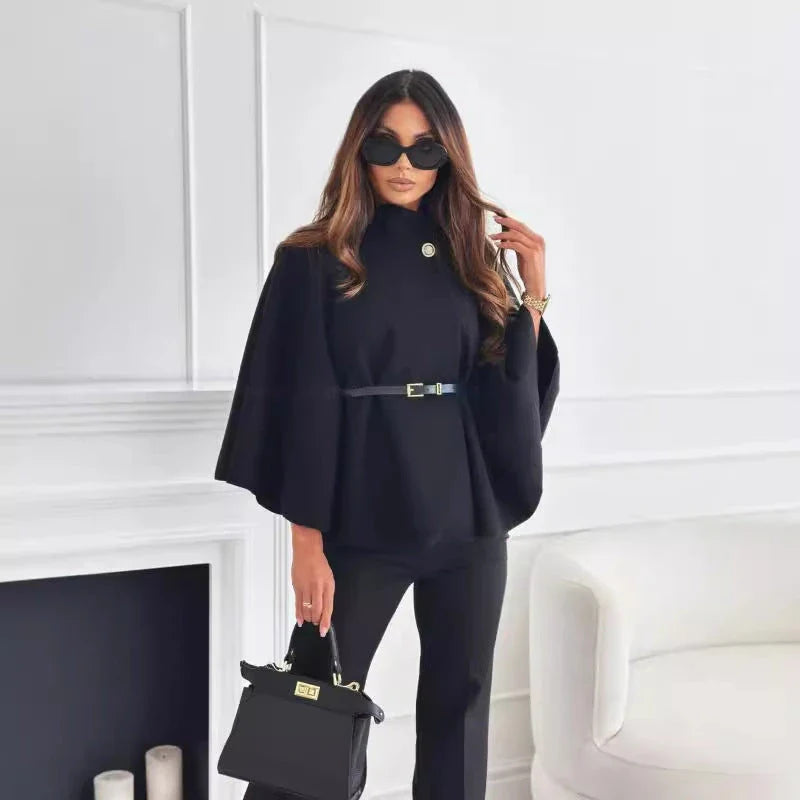 Stylish batwing cloak jacket with belt, available in various colors for women's fashion and outerwear