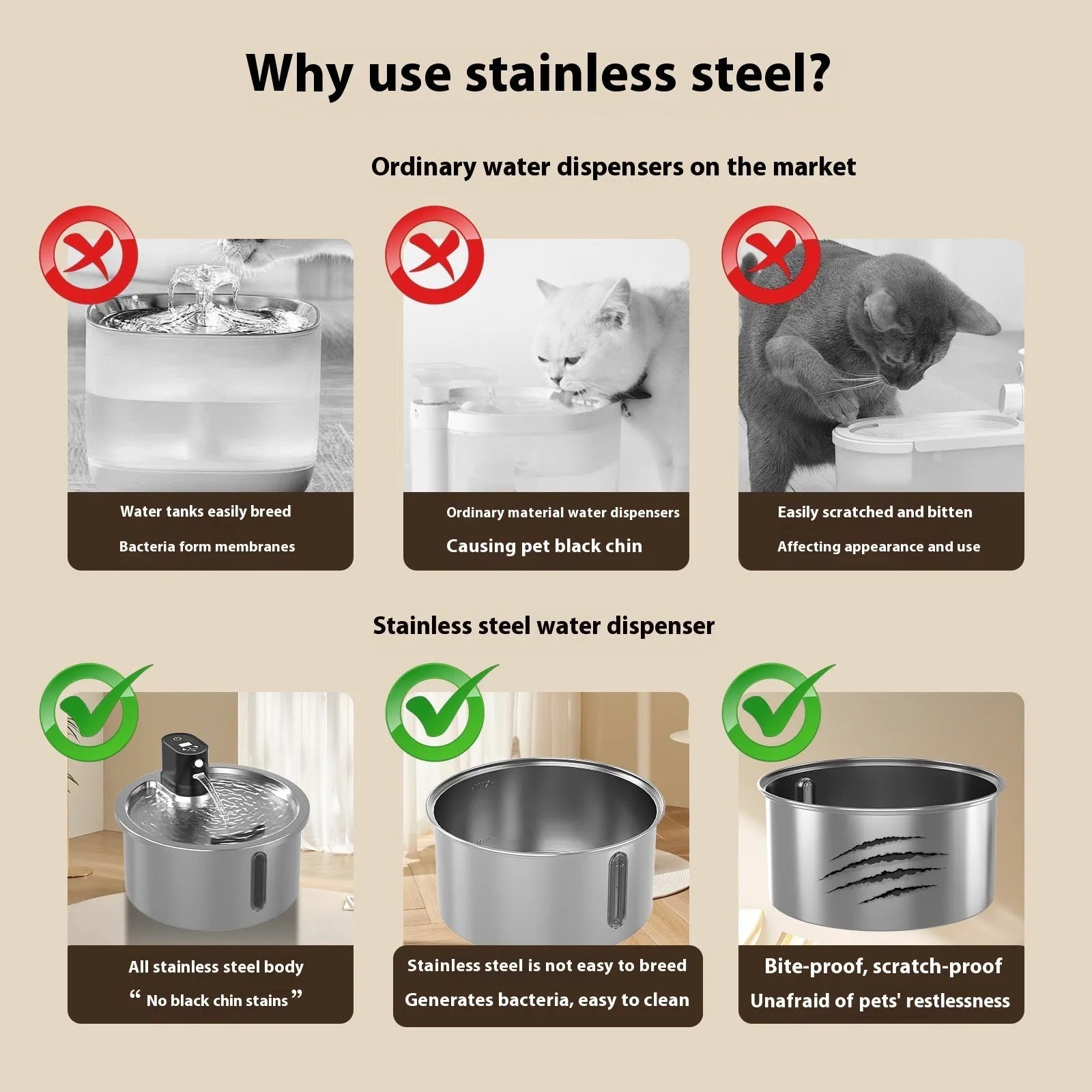 Stainless steel cat water fountain with constant temperature heating base in black or white colour options