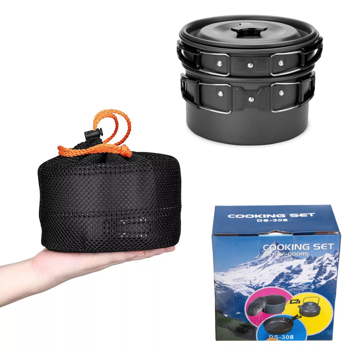 Camping cooker set with teapot, frying pan, and stainless steel utensils for outdoor dining