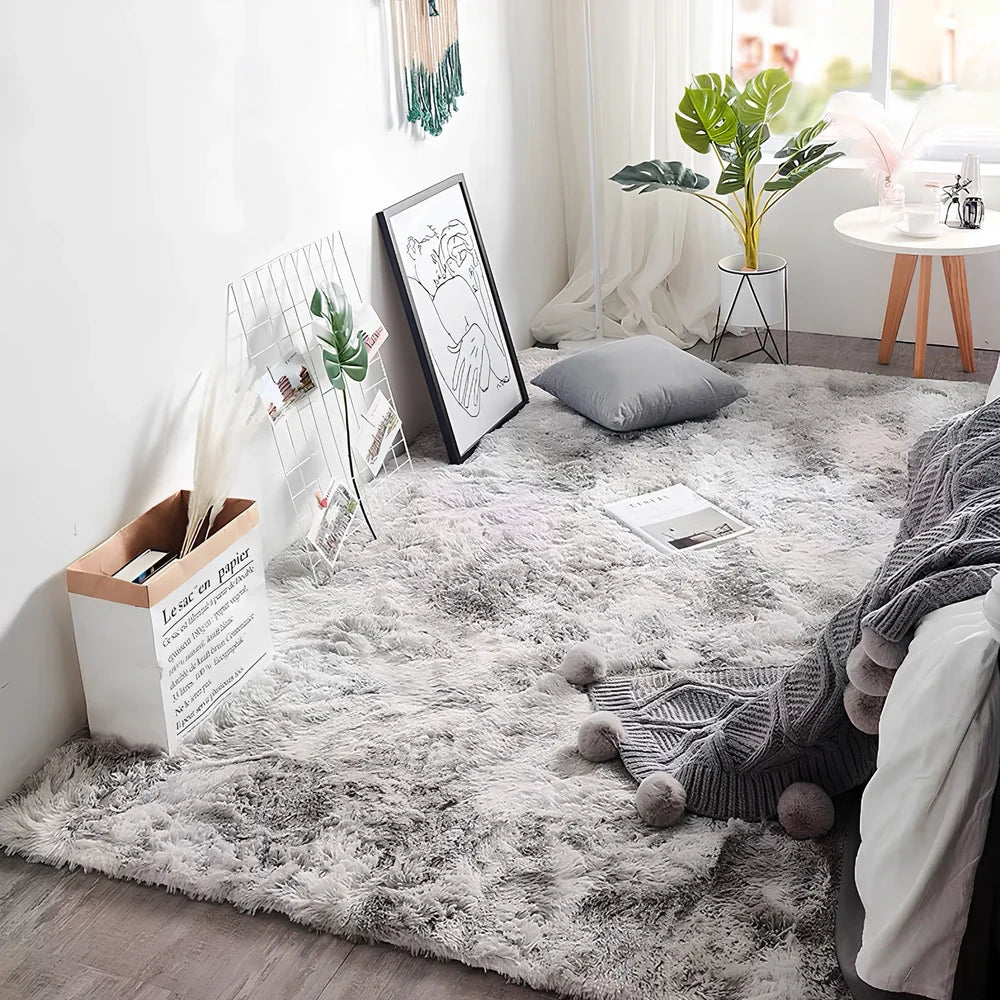 Tie-dyed variegated silk wool carpet floor mat showing organic colour patterns with polyester fibre suede backing