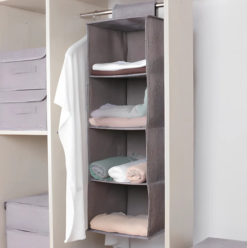 Cotton hanging storage bag with multiple drawers measuring 24.6cm each